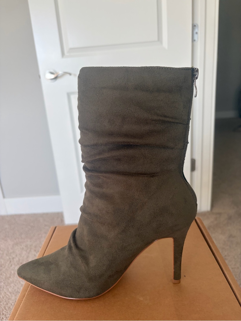 Women's Olive Suede Pointed-Toe Slouch Ankle Boot by The Journee Collection